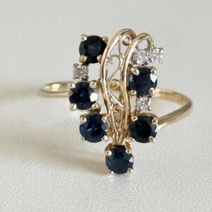 14K Solid Yellow Gold Vintage Sapphires & Diamonds Ladies Band Ring Size 9.75